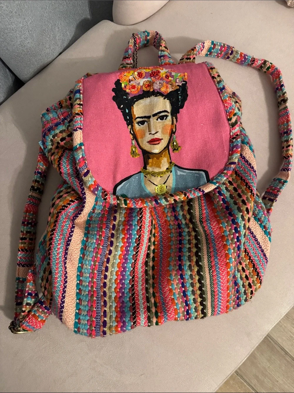 Frida Kahlo Pink Multicolor Woven Backpack with Charm!
